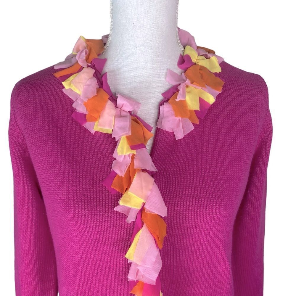 Mandal Bay Hot Pink Orange Yellow Mesh Fringe Trim Button Cardigan Sweater SM P - Picture 3 of 5